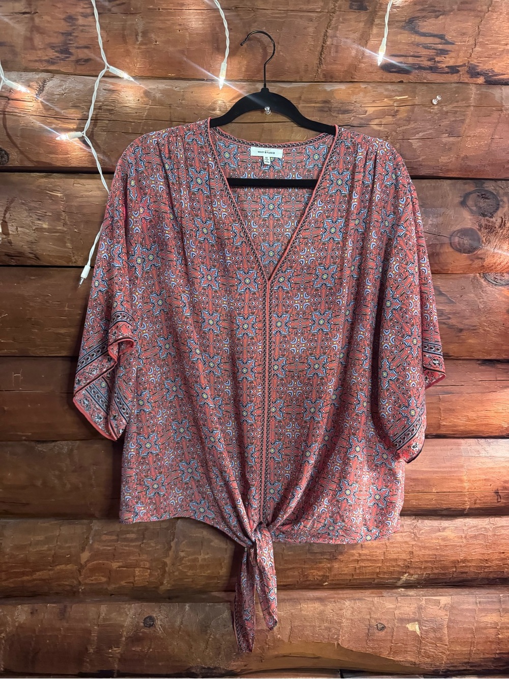 Max Studio Rust Printed Tie-Front V-Neck Blouse